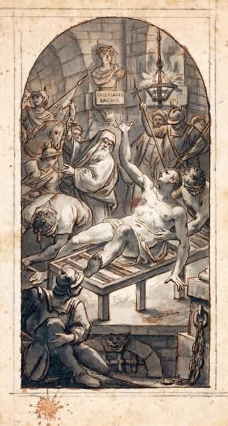 Ludovico GALLINA (1752-1787) Le martyre de Saint Laurent Plume, lavis. Annotation...