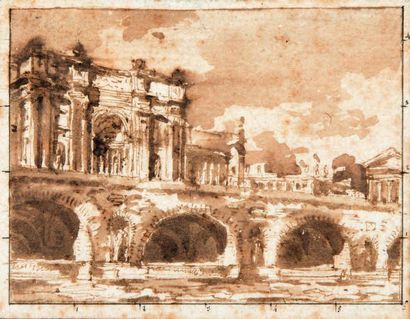 Attribué à Victor-Jean NICOLLE (1754-1826) Caprice architectural Lavis brun. 6 x...
