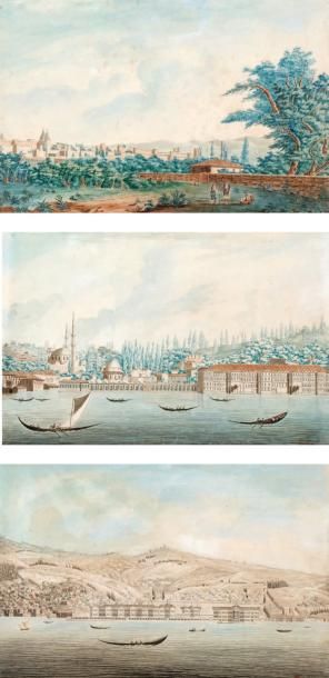 Atelier d'Antoine Ignace MELLING (1763-1851) Vues du Bosphore Trois aquarelles, deux...