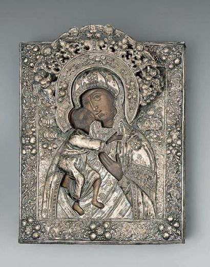 null Icône L a Vierge de tendresse dite Féodorovskaya Belle riza en métal argenté....