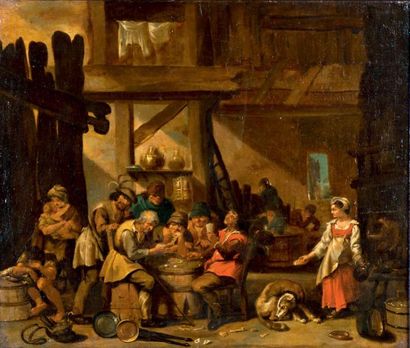 ÉCOLE FLAMANDE dans le goût de David TENIERS (1610-1690) Scène d'auberge Huile sur...