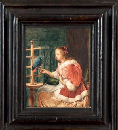École HOLLANDAISE du XVIIIe siècle Jeune femme au perroquet, d'après Fr. Van Mieris...