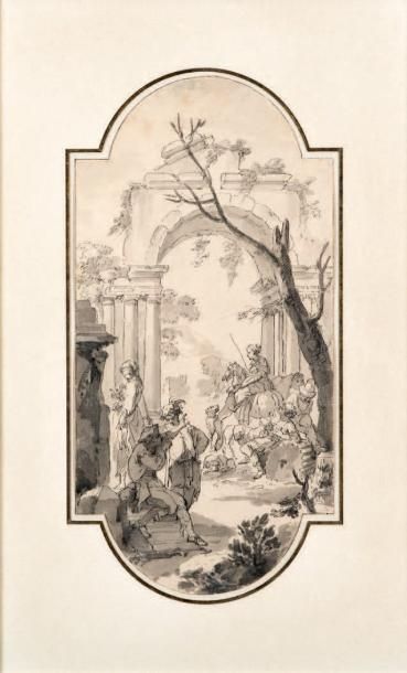 ÉCOLE ITALIENNE dans le goût d'Andrea LOCATELLI (1695-1741) Paysage de ruines animées...