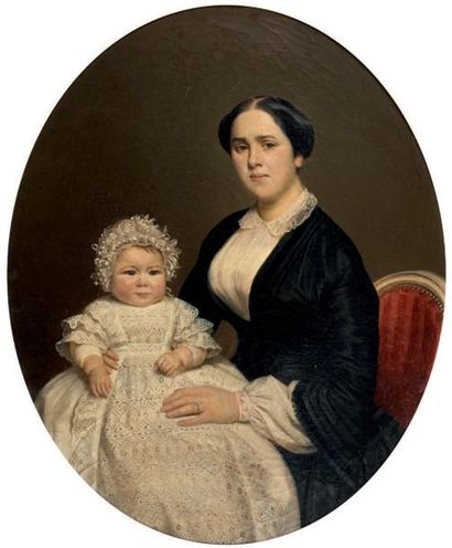 École Française du XIXe siècle Portrait d'une mère et de son enfant Huile sur toile....