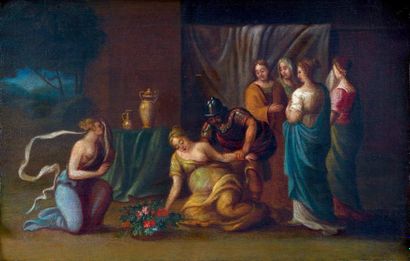 École FRANÇAISE du XVIIIe siècle Scène antique: la mort de Cléopâtre? Huile sur toile,...
