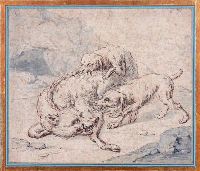 École Flamande du XVIIe siècle Deux chiens attaquant un sanglier Plume, lavis. 22...