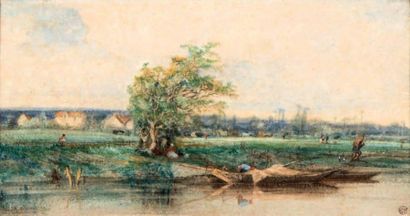 Louis CABAT (1812-1893) Paysage Aquarelle, signée en bas à gauche. 12,4 x 23,1 c...