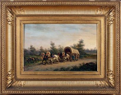 Bernard Auguste SÉBASTIEN (né en 1810) Chevaux tirant une charrette Huile sur panneau,...