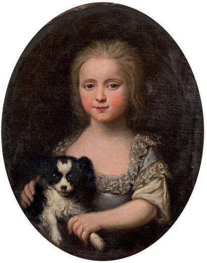 École FRANÇAISE du XVIIIe siècle Portrait de jeune fille au chien Huile sur toile....