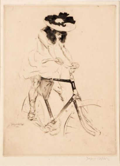 JACQUES VILLON Renée à bicyclette, 1906, pointe sèche et aquatinte, 39,5 x 30 cm,...