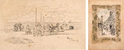 Félix Buhot Le Vent ou Scène de plage, plume et encre de chine, 22 x 35 cm, signé,...