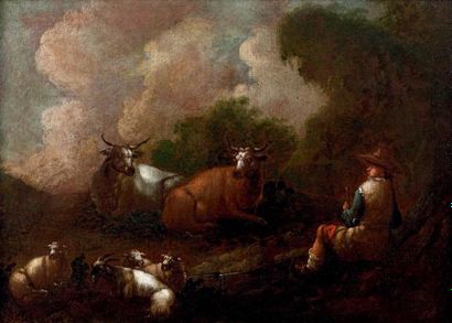 ÉCOLE DE ROSA DE TIVOLI, Philipp Peter ROOS (1657-1706) Berger et son troupeau Huile...