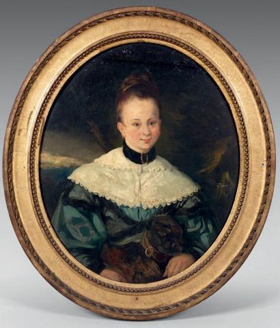 Eugène DEVERIA (1805-1865) Portrait de jeune fille Huile sur toile, ovale, signée...