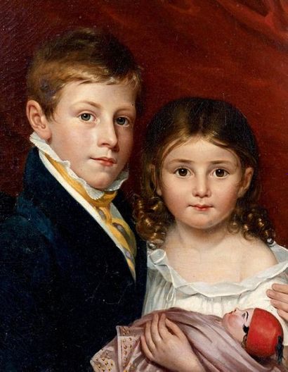 Ecole FRANÇAISE vers 1830 Portrait de deux enfants Huile sur toile. (Accidents, restaurations)....