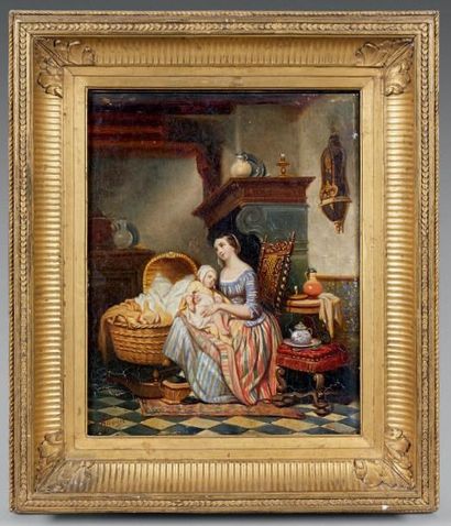 Pierre HUNIN (1808-1855) Jeune mère et son enfant dans un intérieur Huile sur panneau...