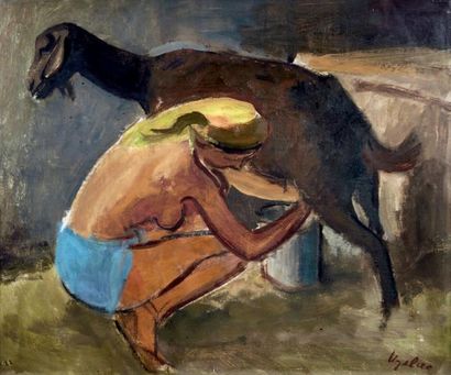 Milivoy UZELAC (1897-1950) La traite de la chèvre Huile sur toile, signée en bas...