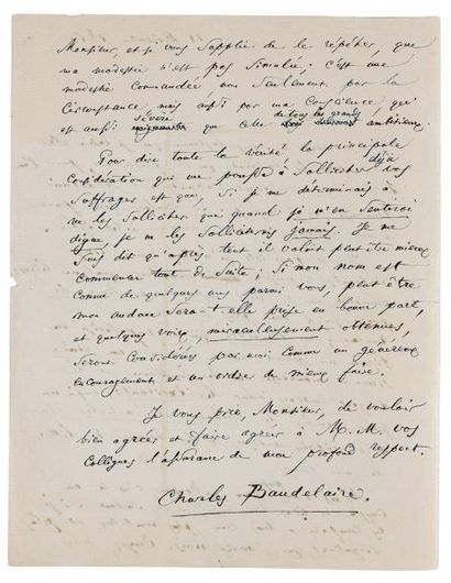 BAUDELAIRE (Charles) Lettre autographe signée «Charles Baudelaire», [adressée au...