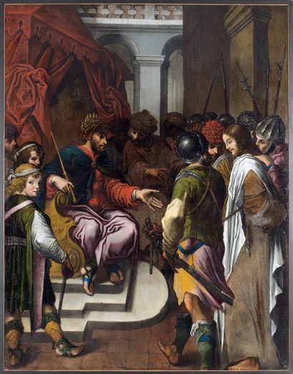 Nicolas BOLLERY (vers 1560-1630) Le Christ devant Pilate Huile sur toile. 250 x 154...