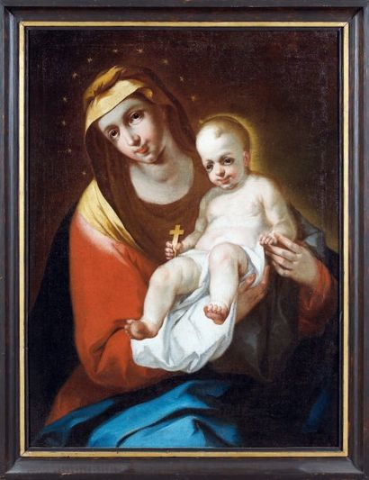 Entourage de Claude DERUET (Nancy 1585-1662) Vierge à l'Enfant Huile sur toile, marouflée...
