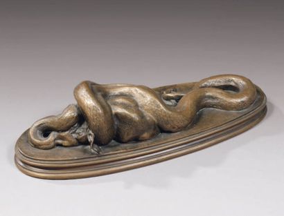 null D'après Antoine-Louis BARYE Serpent python avalant une biche Statuette en bronze...