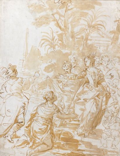 Entourage de Giambattista TIEPOLO (1696-1770) Moïse sauvé des eaux Pierre noire,... Gazette Drouot