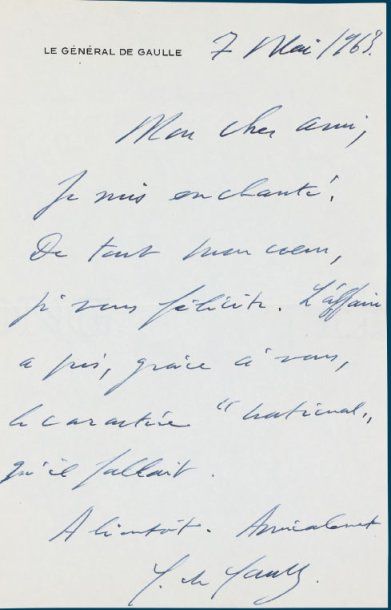 GAULLE (Charles de). 2 lettres, à Michel Debré et à l'épouse de celui-ci. 1963. MICHEL...