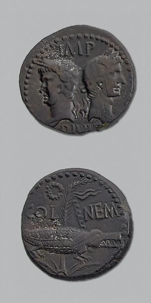 null As de Nîmes (Gaule). Têtes adossées d'Auguste et Agrippa. R/ Crocodile à droite,...
