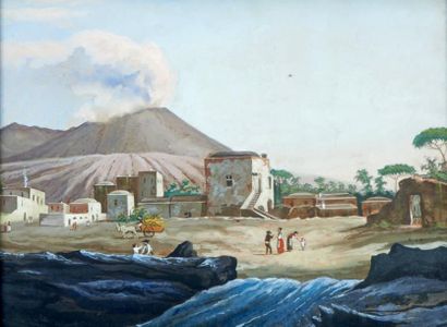 École sud-américaine du XIXe siècle Village devant un volcan Gouache. 36,5 x 50 ...