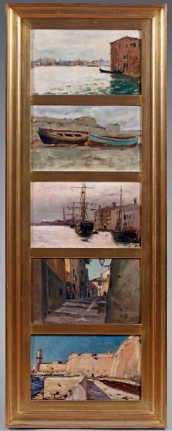 Henri Marius PINTA (1856-1944) Vue de Venise - Deux barques échouées - Bateaux au...
