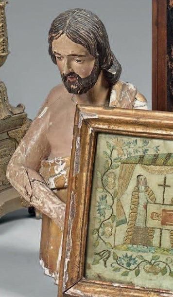 null Buste de saint Jean-Baptiste en bois polychrome et doré. XVIIIe siècle. (Accidents...