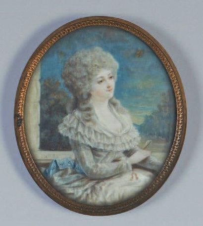 École Française du XIXe siècle, dans le goût du XVIIIe siècle Portrait de femme Miniature,...