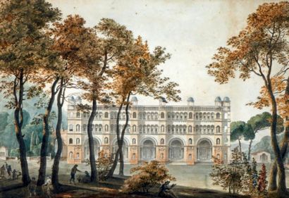 Entourage de Charles PERCIER (1764-1838) Projet pour un palais italien Plume, aquarelle....