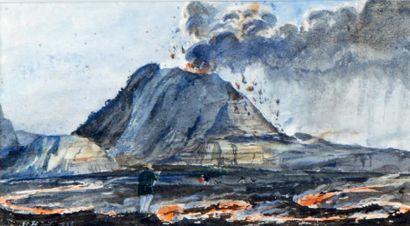 École Française du XIXe siècle Artiste dessinant l'éruption d'un volcan Aquarelle,...