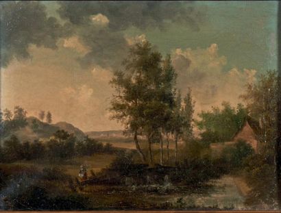 École FRANÇAISE du XVIIIe siècle Paysage champêtre animé Huile sur toile. 24,4 x...
