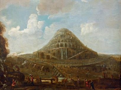École Flamande du XVIIe siècle La tour de Babel Huile sur panneau. 28,4 x 37,7 c...