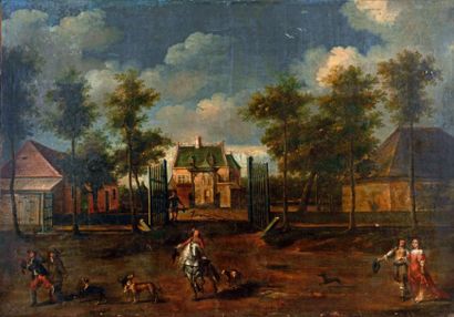 École Flamande du XVIIe siècle Rencontre de personnages devant un château Huile sur...