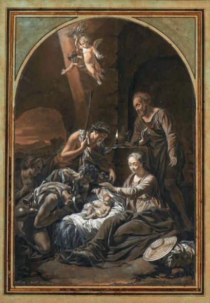 André DUTERTE (1753-1842) L'Adoration des Bergers Pierre noire, lavis, rehauts de...