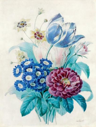 Antoine PASCAL (1803-1859), élève de REDOUTÉ Bouquet de fleurs Aquarelle signée en...