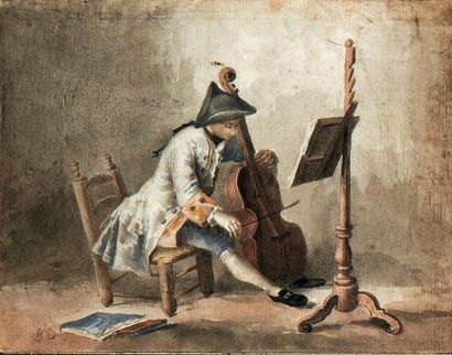 École FRANÇAISE du XVIIIe siècle Le violoncelliste Aquarelle, monogramme BG en bas...