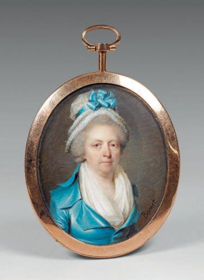Claude BORNET (1733-1804) Portrait de femme à la robe bleue Miniature ovale, signée....
