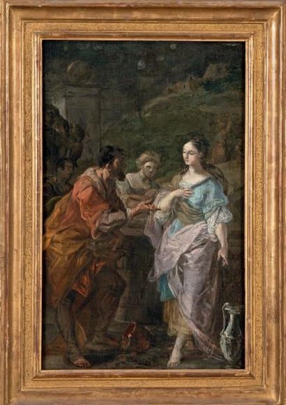 École BOLONAISE du XVIIIe siècle Eliézer et Rebecca Huile sur toile. 43,7 x 25,7...