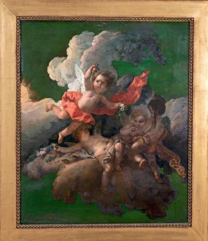 Attribué à Lucas AUGE (1685-1765) Groupe d'angelots Huile sur panneau, parqueté....