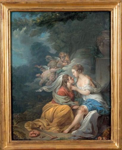École FRANÇAISE du XVIIIe siècle Vertumne et Pomone Huile sur toile. 40 x 31,5 cm...