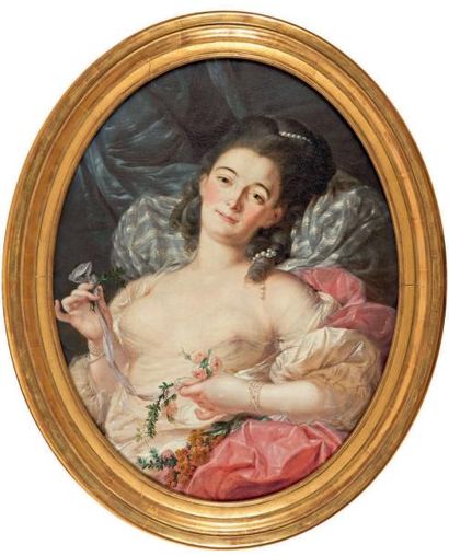 Attribué à Jean-Hugues TARAVAL (1729-1785) Portrait de femme dénudée tenant une guirlande...