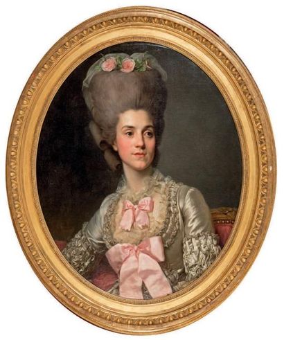 Joseph DUPLESSIS (1725-1802) Portrait de femme aux rubans roses Huile sur toile,...