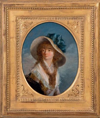École FRANÇAISE du XVIIIe siècle Portrait de femme au chapeau de paille Huile sur...