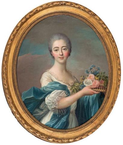 Atelier de Louis-Michel Van LOO (1707-1771) Portrait de femme tenant un panier de...