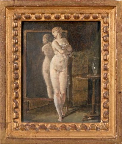 Jean-Baptiste MALLET (1759-1835) Femme nue devant une psyché Huile sur panneau. 13,5...