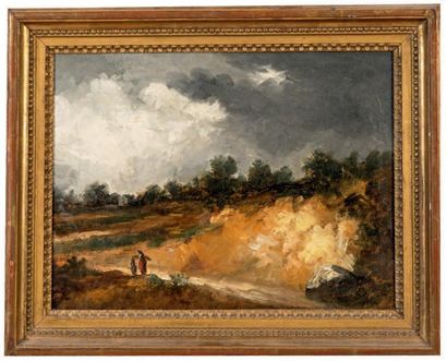 Georges MICHEL (1763-1843) Paysanne et sa fille dans un paysage sous un ciel d'orage...