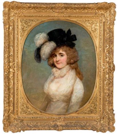 École ANGLAISE du début du XIXe siècle Portrait de femme au chapeau à plume blanche...
